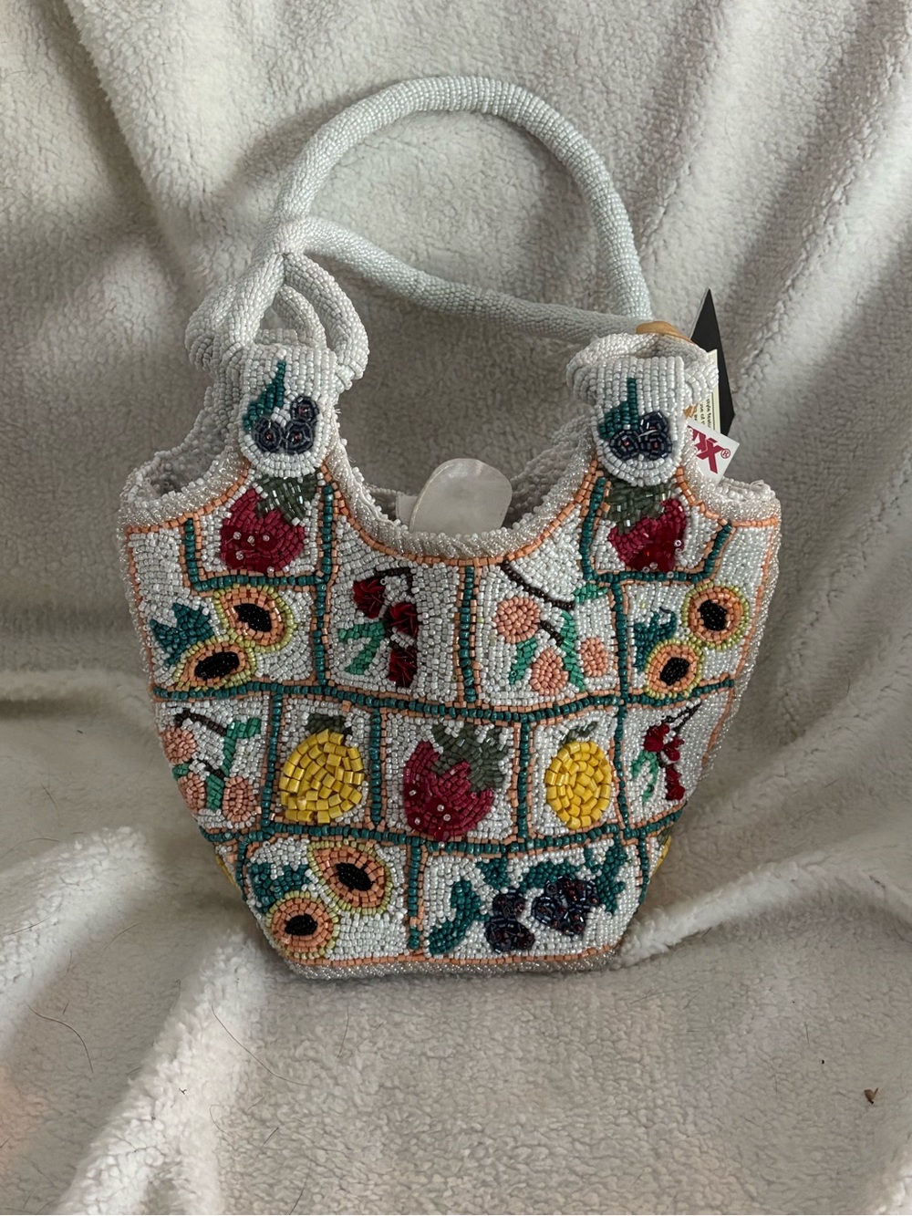 Beaded Floral & Vegetables Mosaic Mini Tote - White